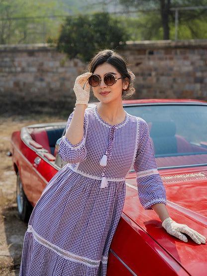 Purple Cotton Check Tiered Dress-Yufta Store-1799DRSPRS