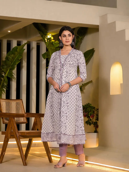 Purple Floral Print A-Line Kurta And Trouser Set-Yufta Store-1951SETPRS