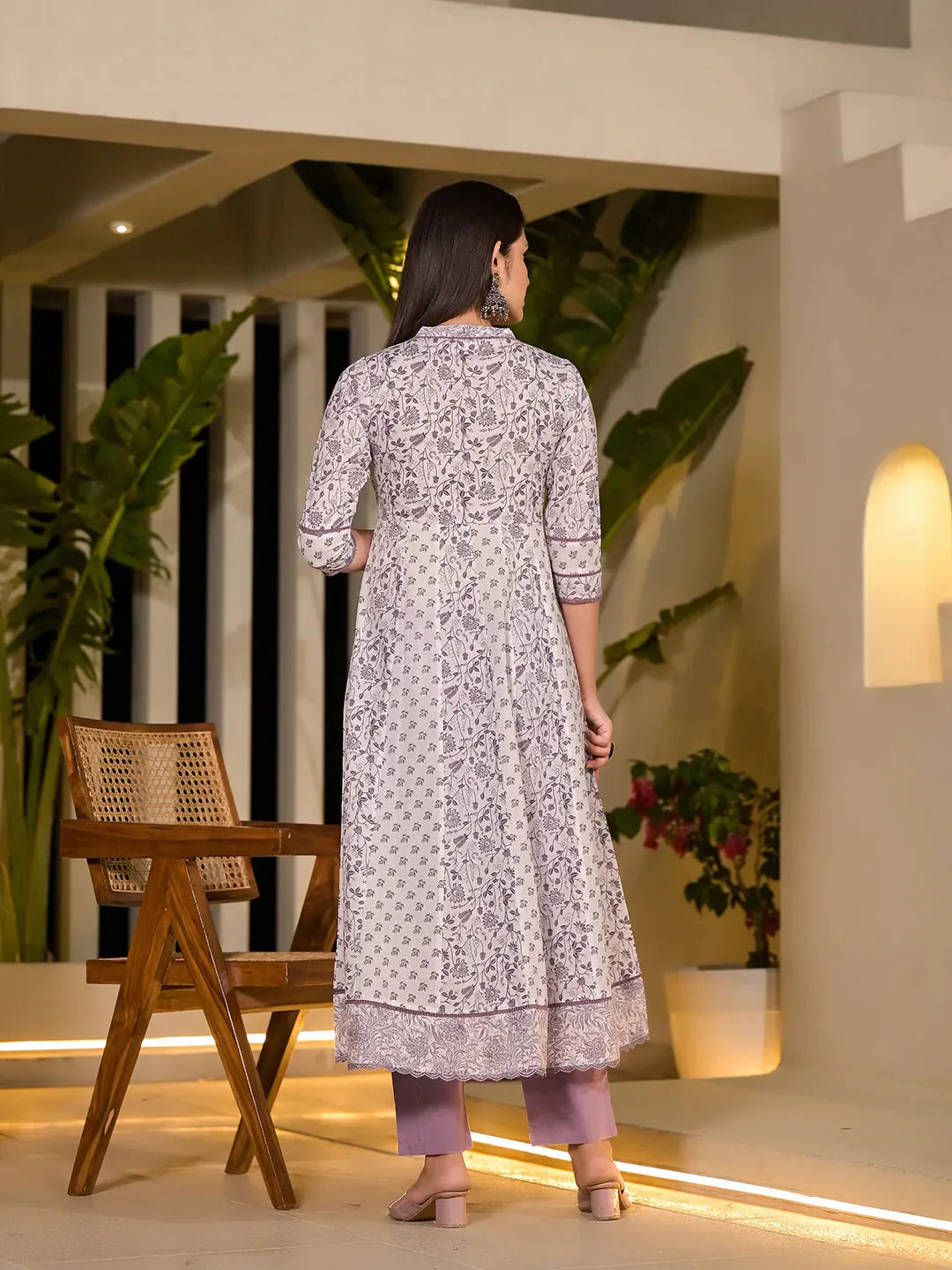 Purple Floral Print A-Line Kurta And Trouser Set-Yufta Store-1951SETPRS