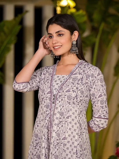 Purple Floral Print A-Line Kurta And Trouser Set-Yufta Store-1951SETPRS