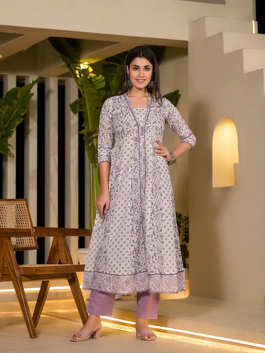 Purple Floral Print A-Line Kurta And Trouser Set-Yufta Store-1951SETPRS