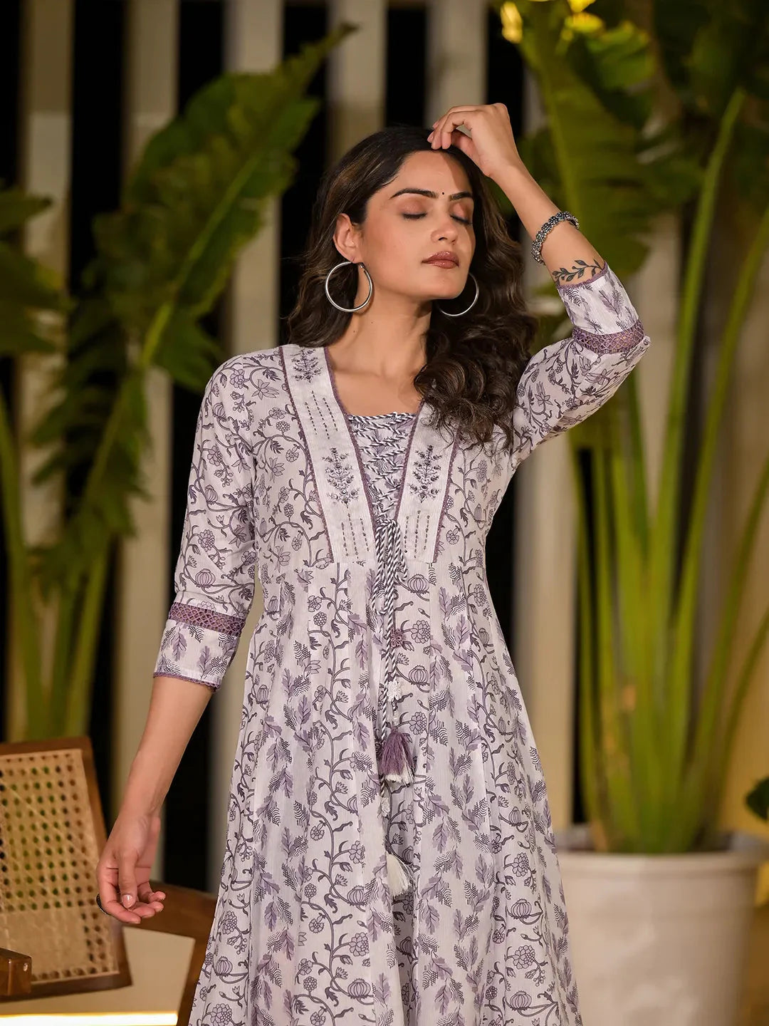 Purple Floral Print Kantha Work A-Line Dori Work Dress-Yufta Store-6804DRSPRS