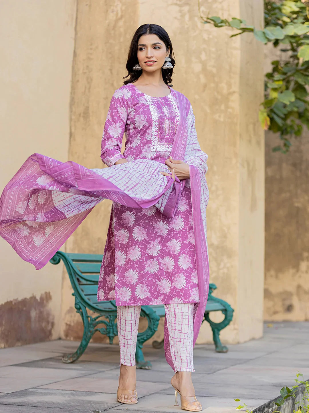 Purple Floral Print Straight Kurta Trouser And Dupatta Set-Yufta Store-6874SKDPRS