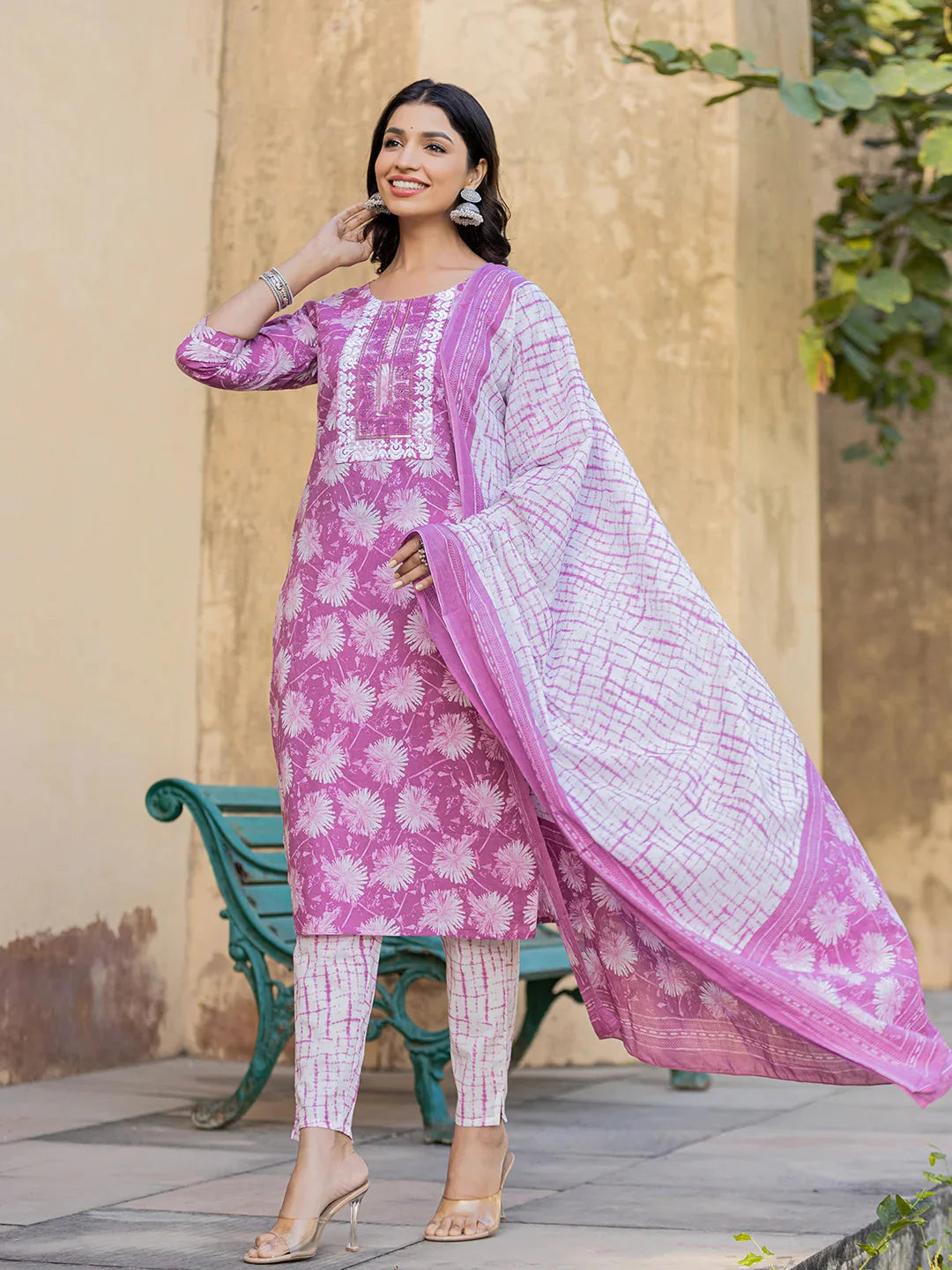 Purple Floral Print Straight Kurta Trouser And Dupatta Set-Yufta Store-6874SKDPRS