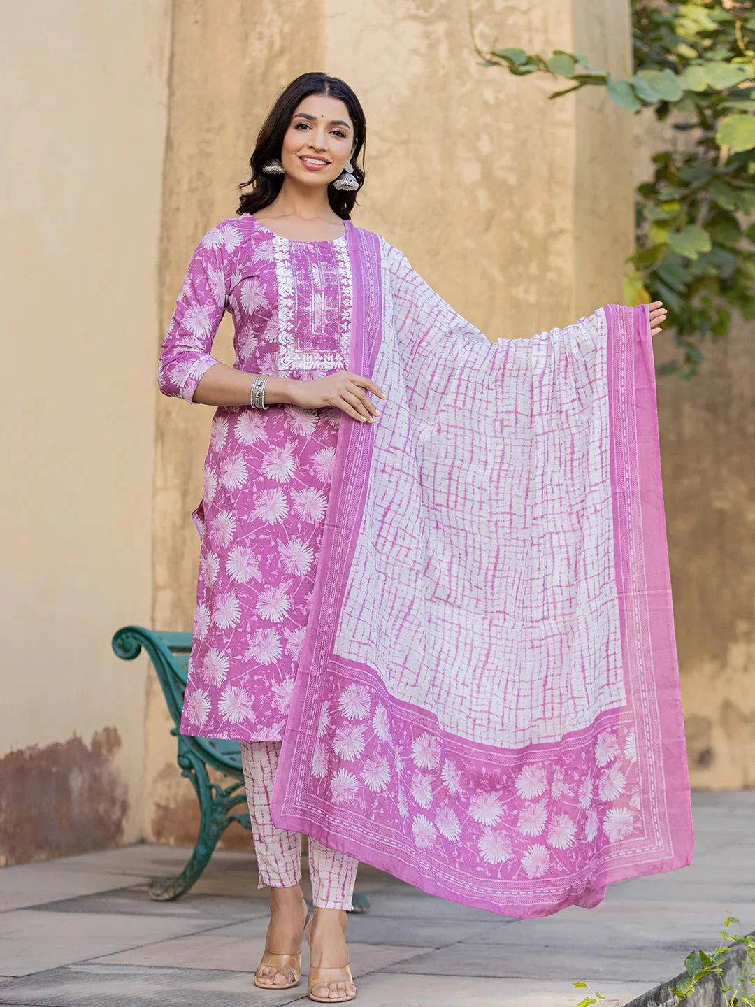 Purple Floral Print Straight Kurta Trouser And Dupatta Set-Yufta Store-6874SKDPRS