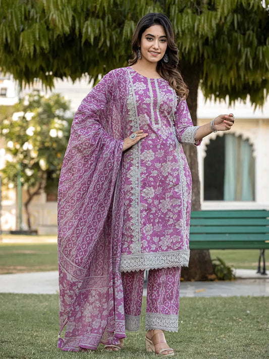 Purple Floral Print Straight Pakistani Style Kurta Trouser And Dupatta Set With Lace Work-Yufta Store-6884SKDPRM