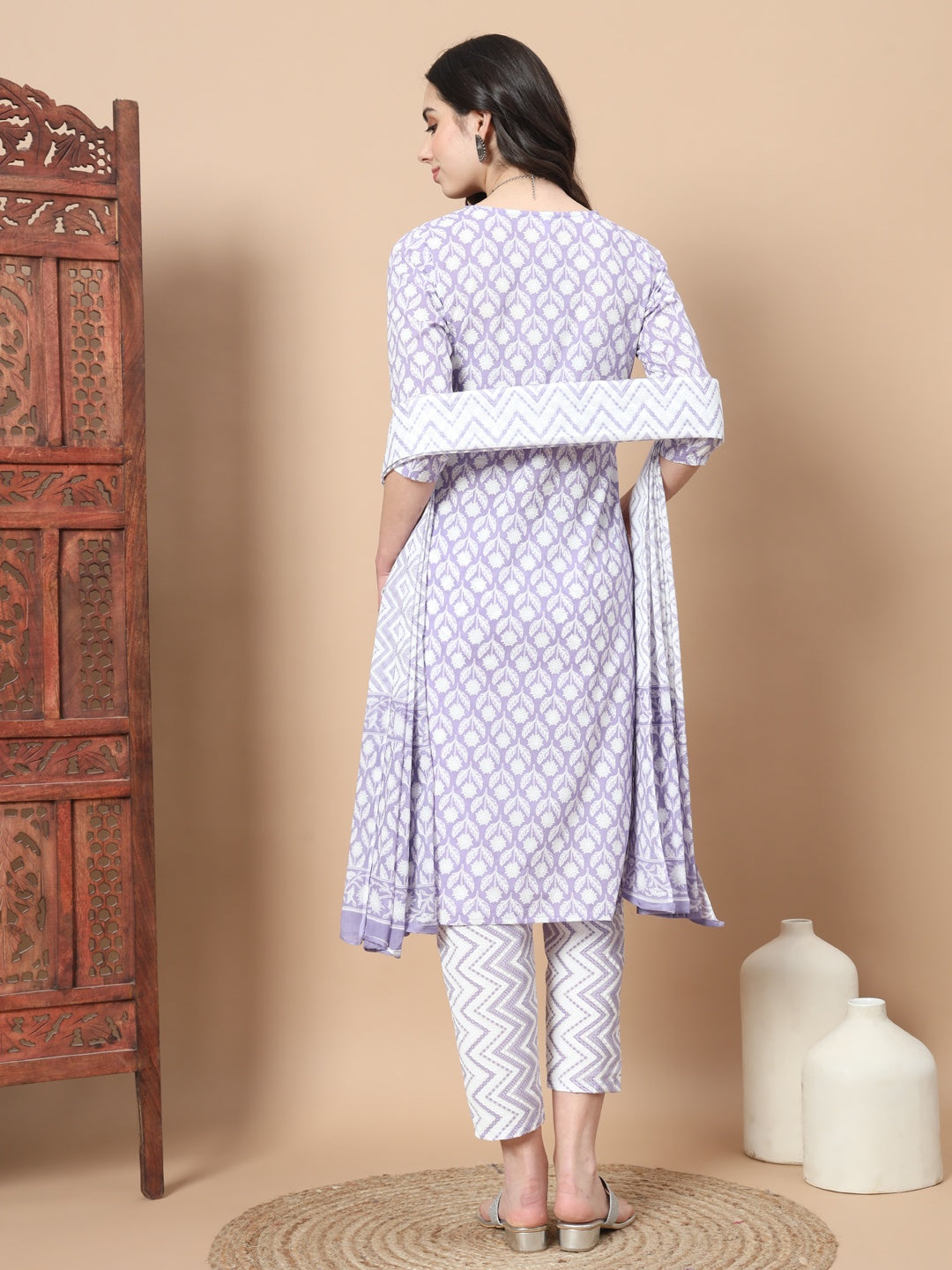 Purple Floral,Piping On Yoke Straight Kurta Trouser And Dupatta Set-Yufta Store-6833SKDPRS