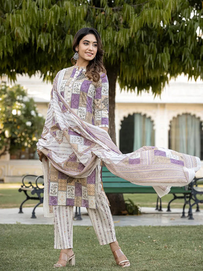 Purple Geometric Print Straight Kurta Trouser And Dupatta Set-Yufta Store-6863SKDPRS