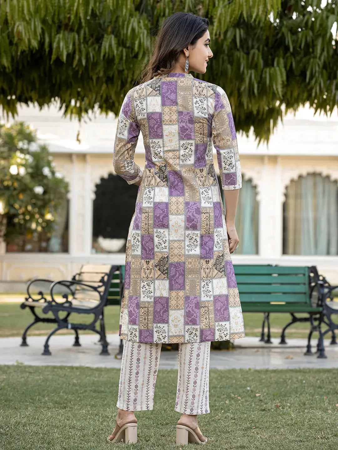 Purple Geometric Print Straight Kurta Trouser And Dupatta Set-Yufta Store-6863SKDPRS