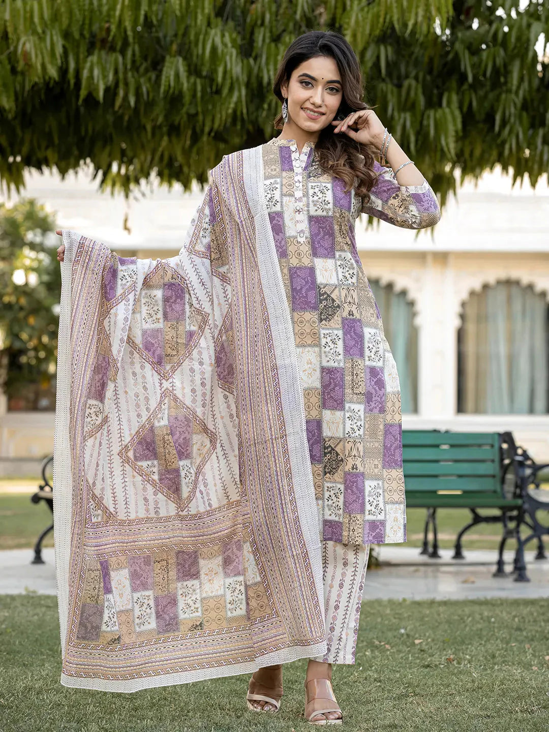 Purple Geometric Print Straight Kurta Trouser And Dupatta Set-Yufta Store-6863SKDPRS