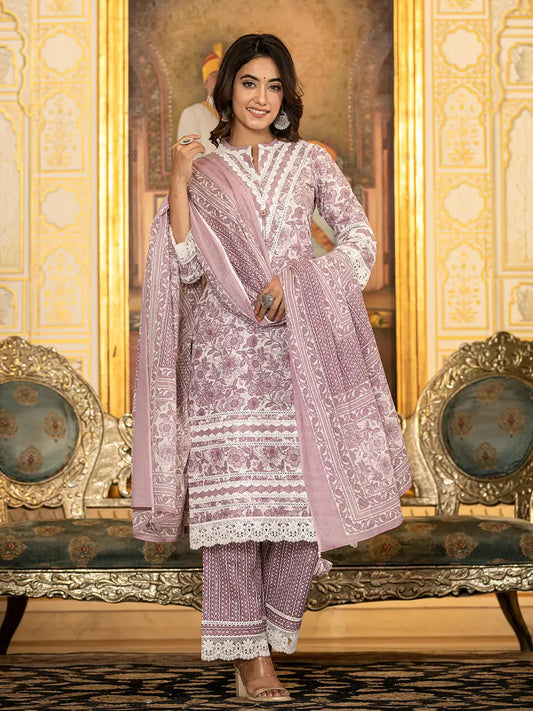 Purple Lacework Pakistani Style Kurta Trouser And Dupatta Set-Yufta Store-6887SKDPRM