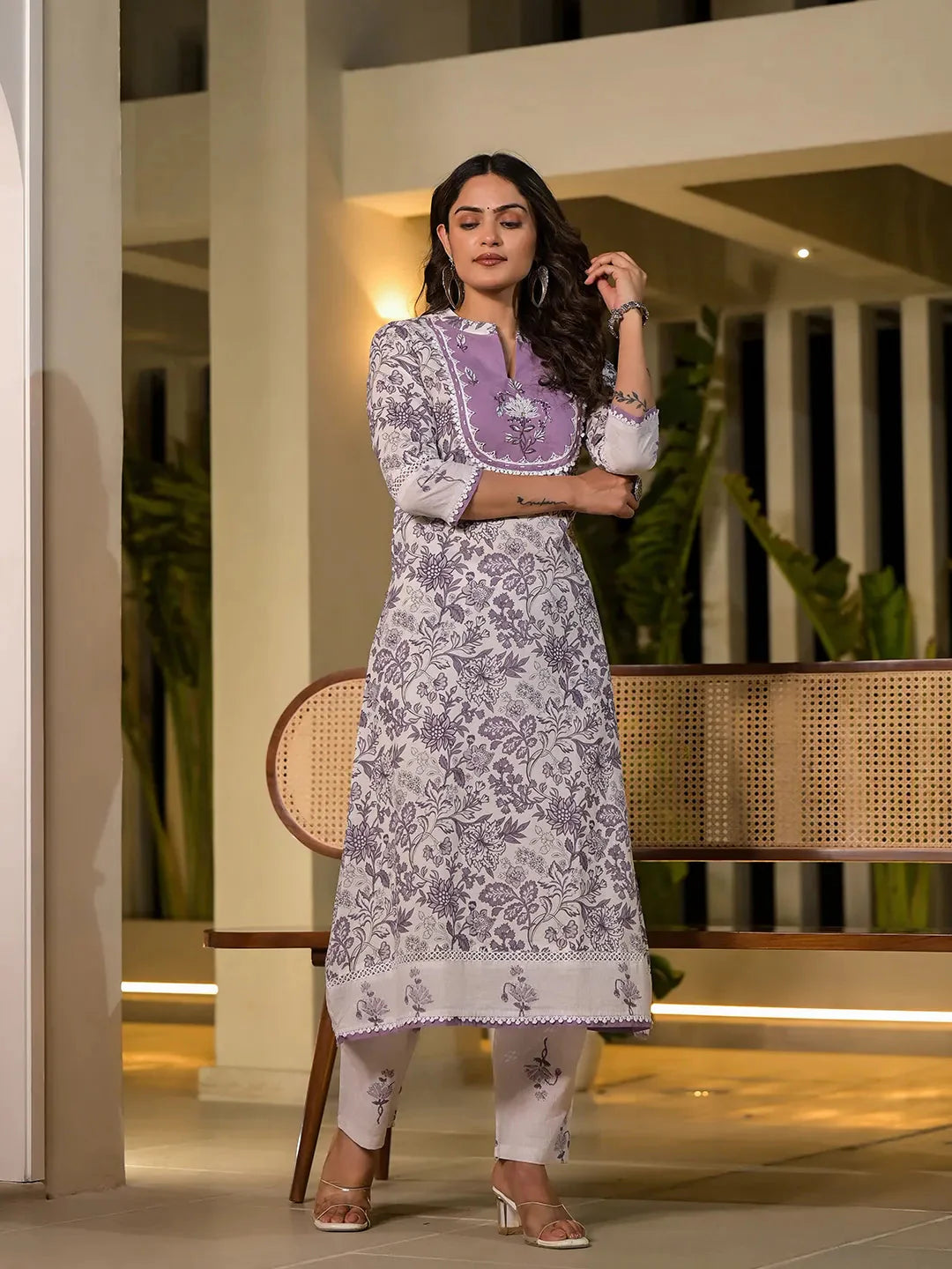 Purple Resham Embroidery Cotton Straight Kurta With Trouser Set-Yufta Store-6807SETPRS