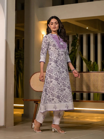 Purple Resham Embroidery Cotton Straight Kurta With Trouser Set-Yufta Store-6807SETPRS