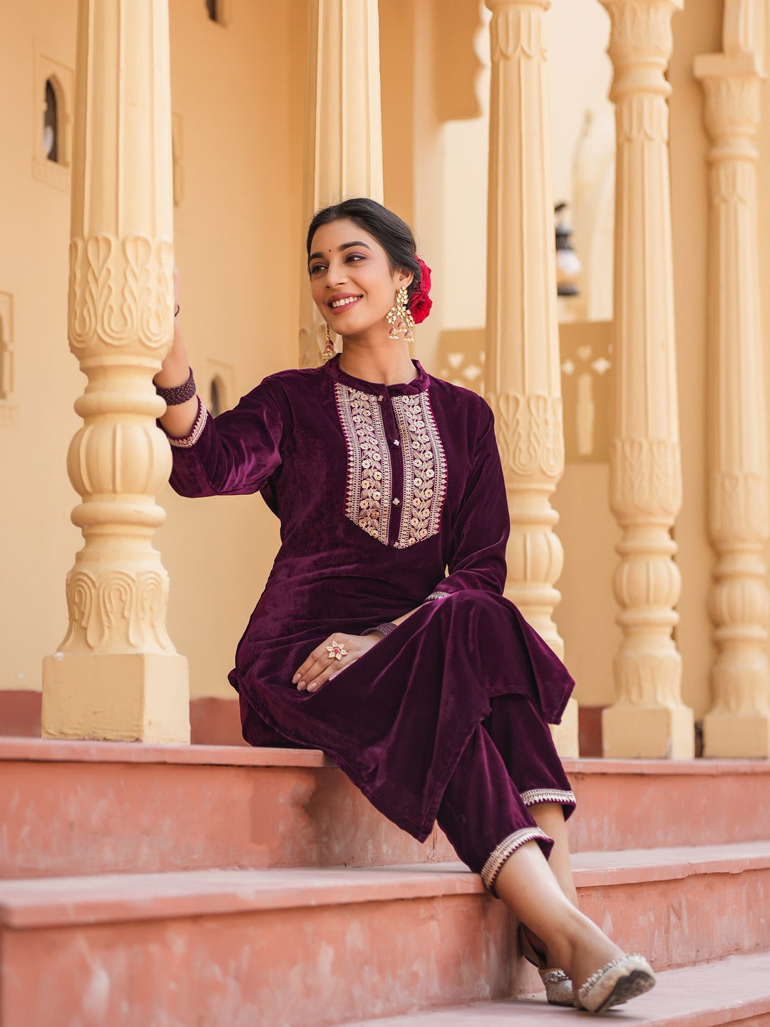 Purple Zari_Work Velvet Straight Kurta Trouser Set-Yufta Store-1401SETPRS