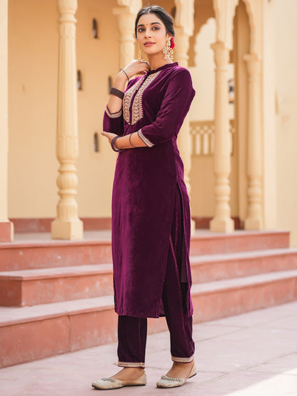 Purple Zari_Work Velvet Straight Kurta Trouser Set-Yufta Store-1401SETPRS