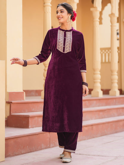 Purple Zari_Work Velvet Straight Kurta Trouser Set-Yufta Store-1401SETPRS