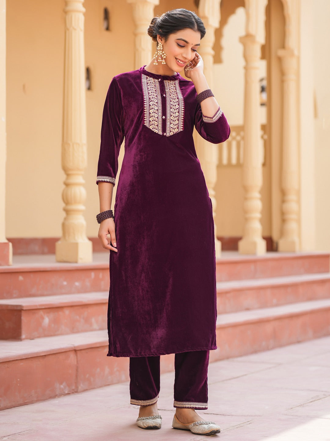 Purple Zari_Work Velvet Straight Kurta Trouser Set-Yufta Store-1401SETPRS