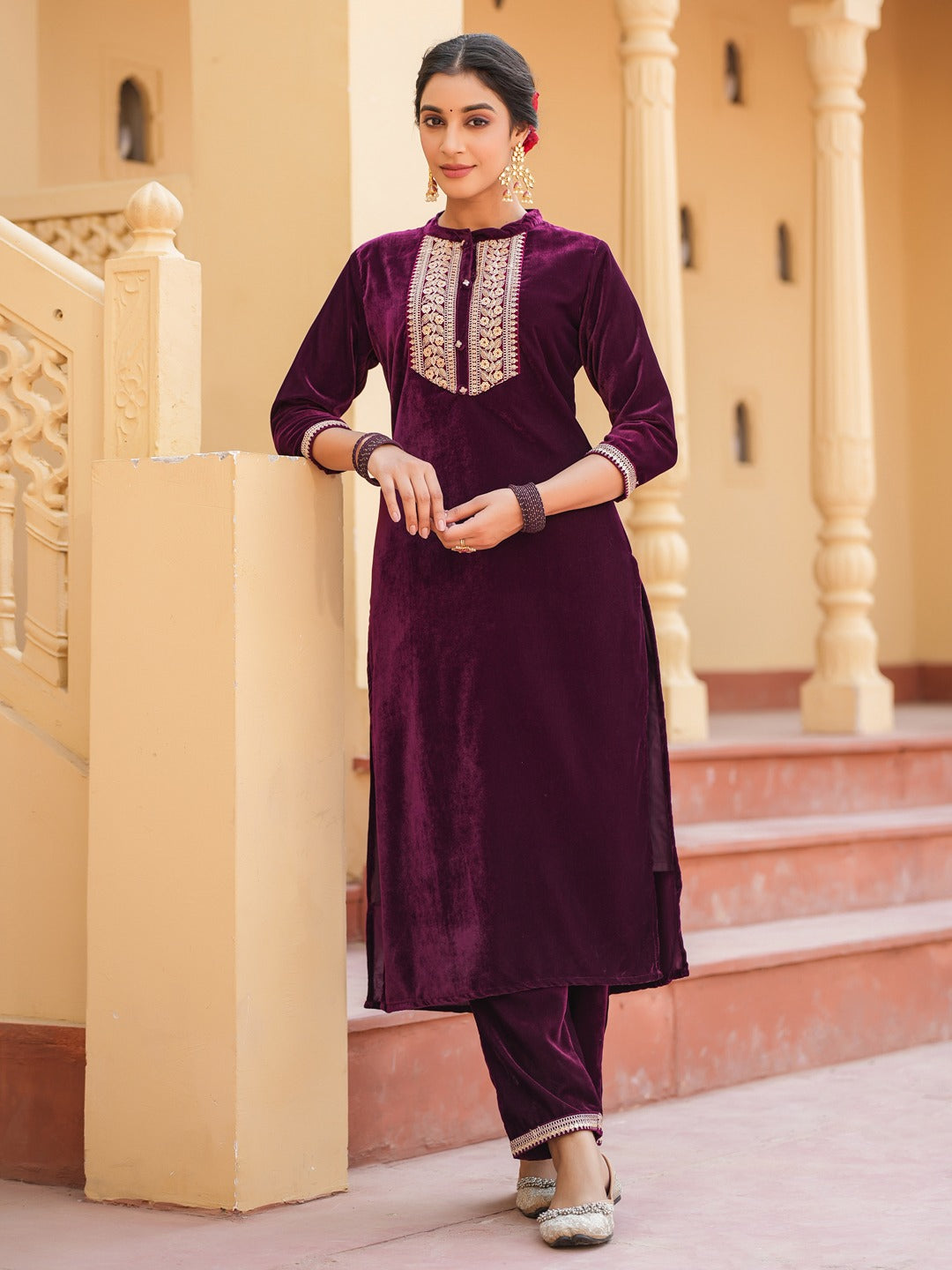 Purple Zari_Work Velvet Straight Kurta Trouser Set-Yufta Store-1401SETPRS