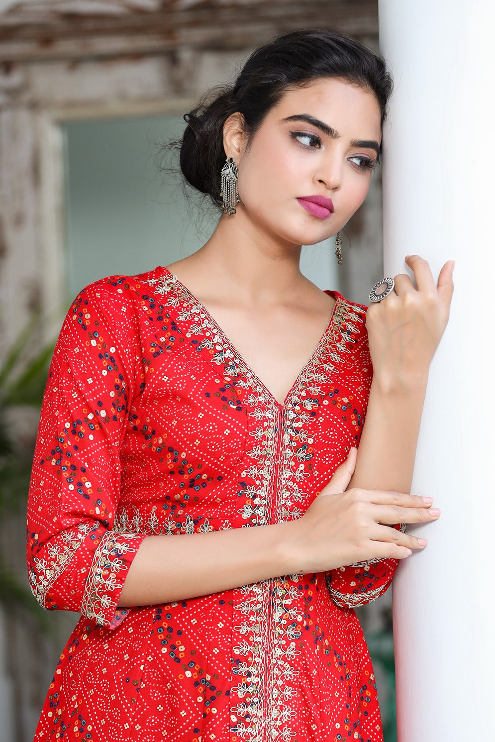 Red Bandhani Embroidered Dress-Yufta Store-9345DRSRDS