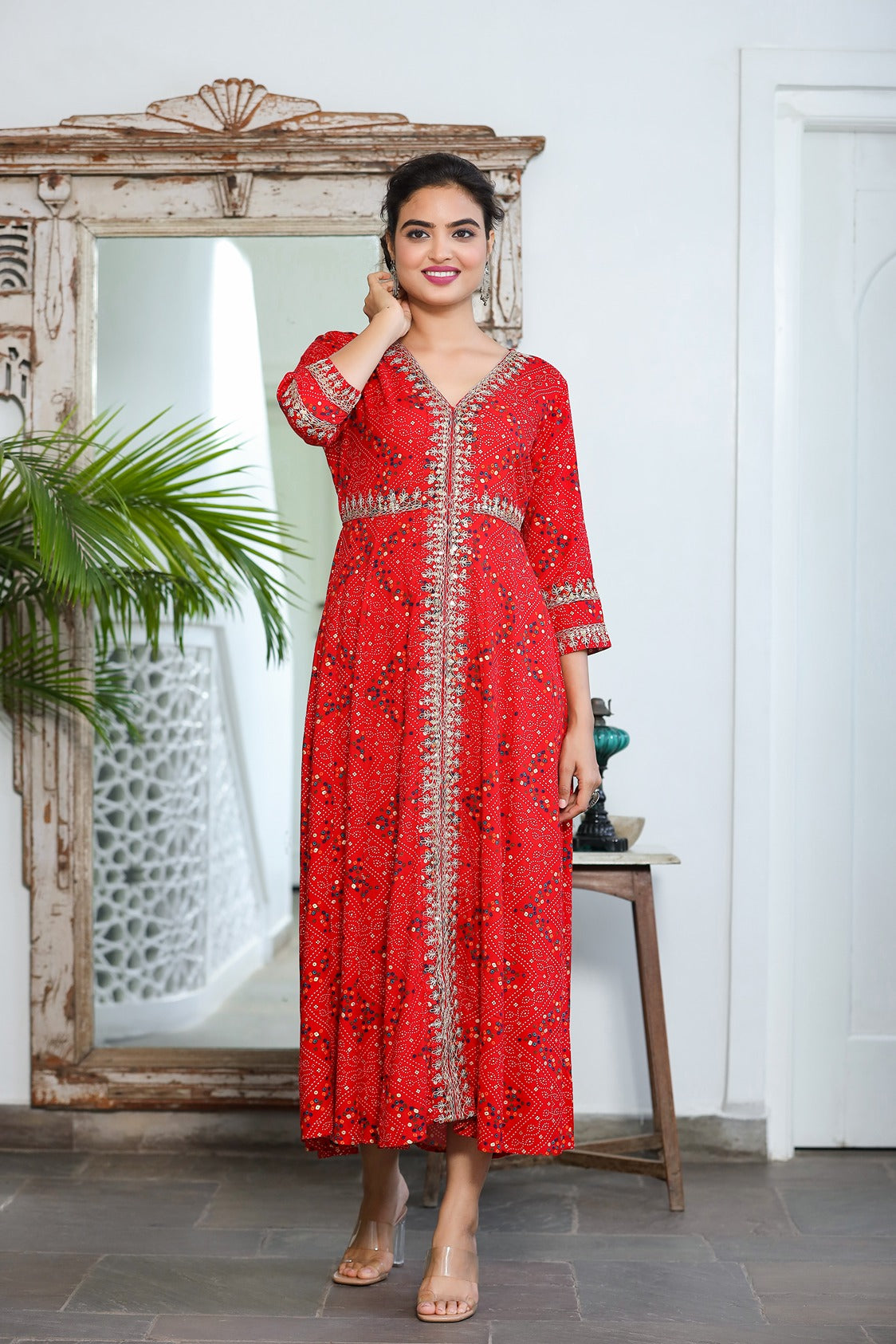 Red Bandhani Embroidered Dress-Yufta Store-9345DRSRDS