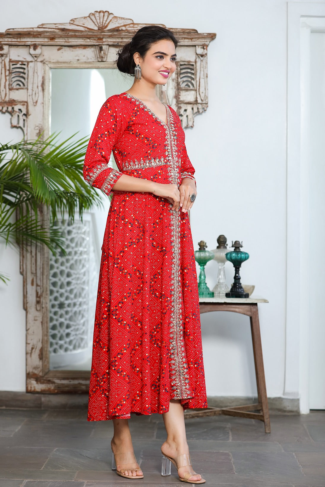 Red Bandhani Embroidered Dress-Yufta Store-9345DRSRDS