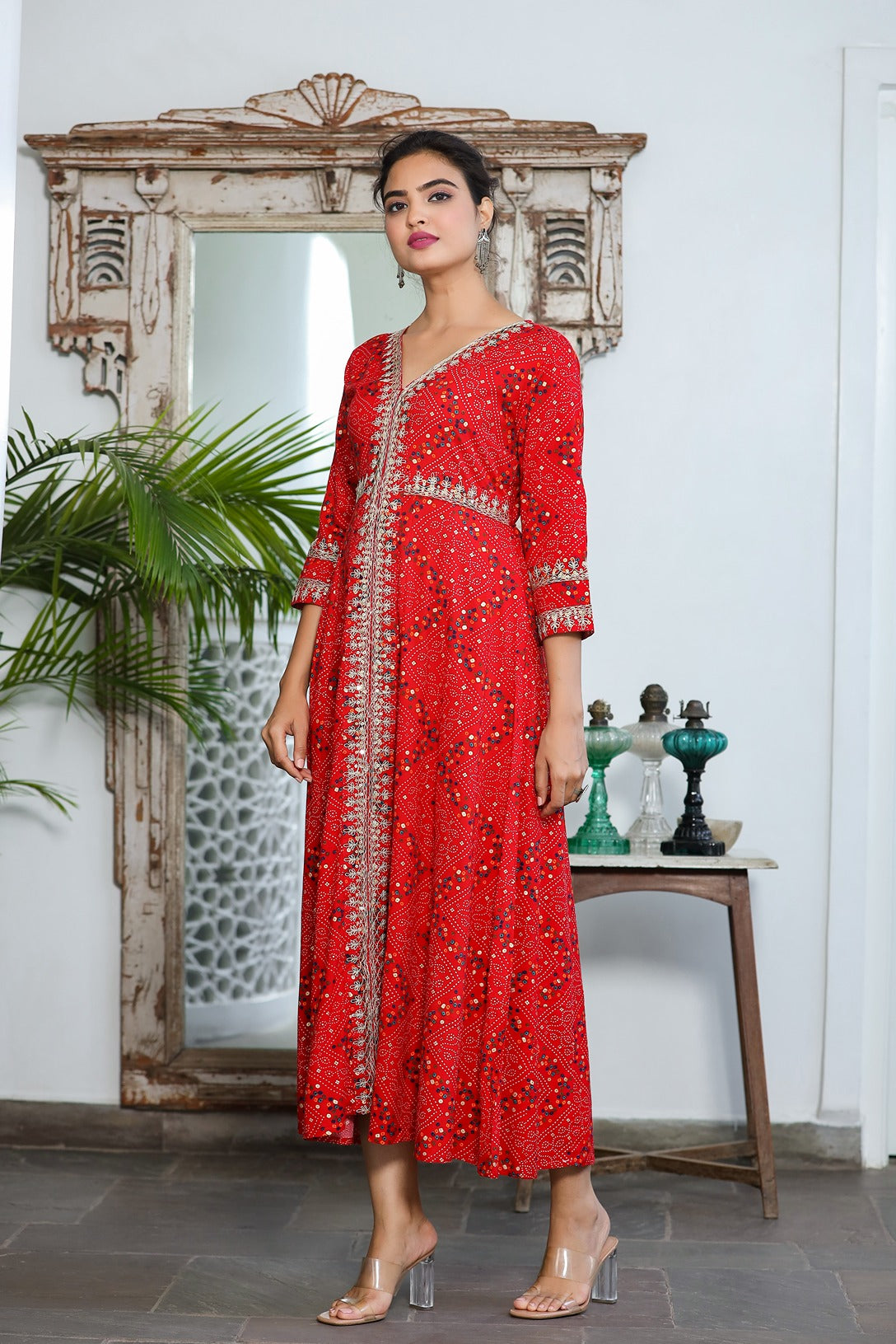 Red Bandhani Embroidered Dress-Yufta Store-9345DRSRDS