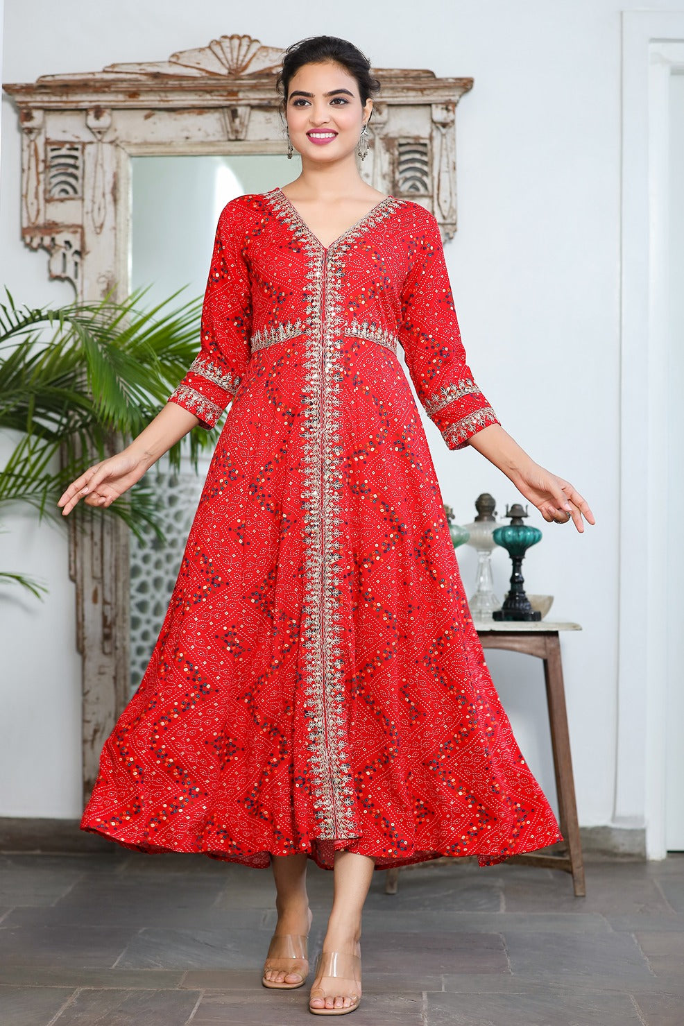 Red Bandhani Embroidered Dress-Yufta Store-9345DRSRDS