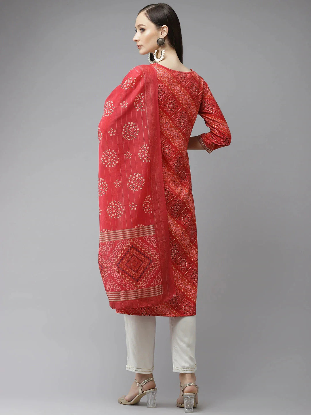 Red Bandhani Printed Dupatta Set-Yufta Store-9343SKDRDS