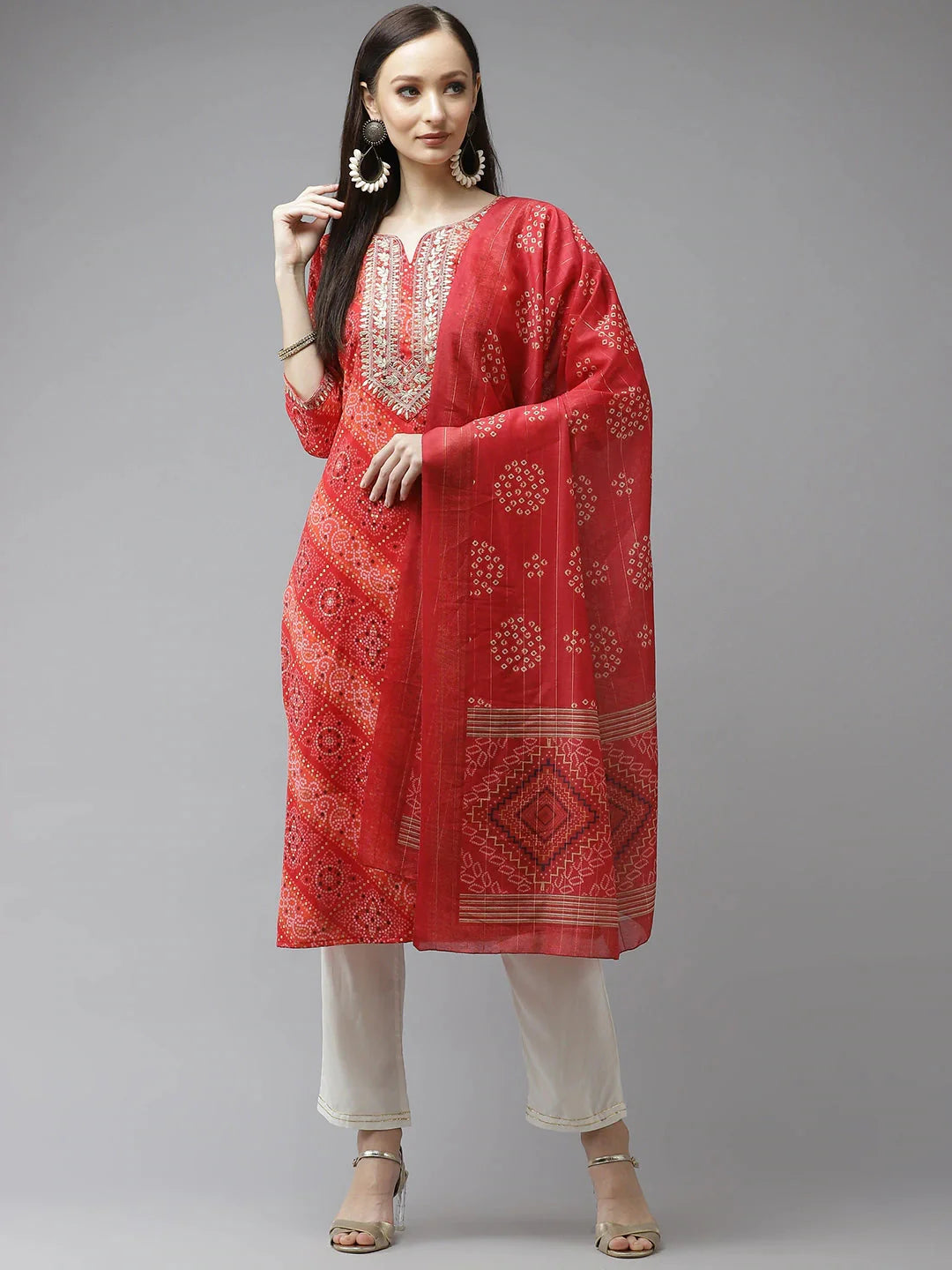 Red Bandhani Printed Dupatta Set-Yufta Store-9343SKDRDS