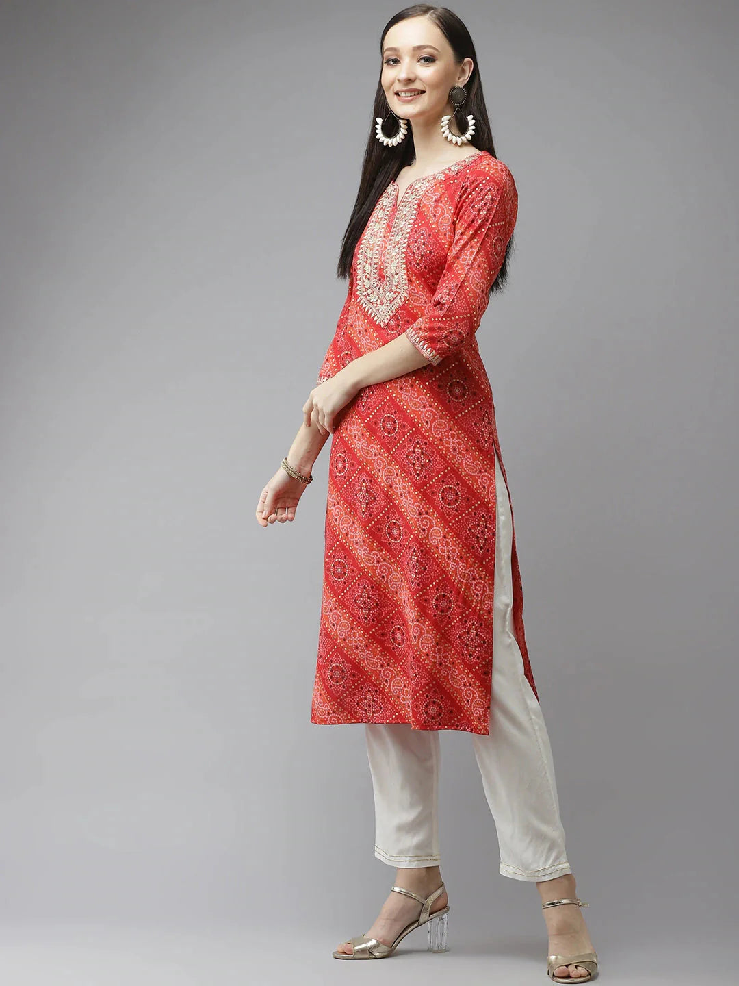 Red Bandhani Printed Dupatta Set-Yufta Store-9343SKDRDS