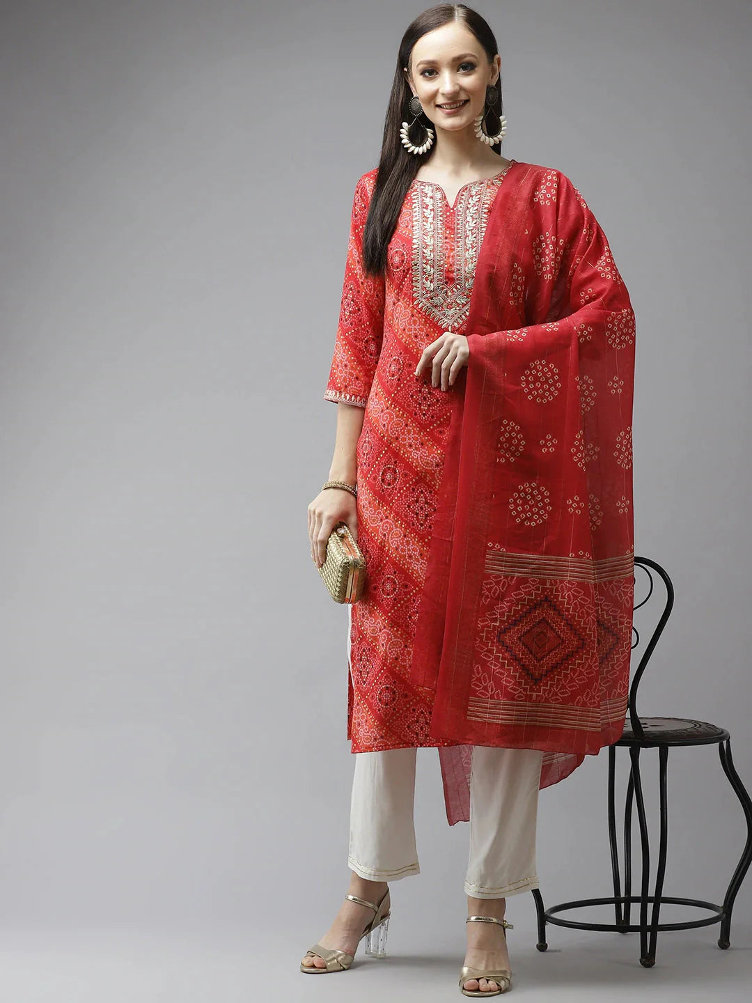 Red Bandhani Printed Dupatta Set-Yufta Store-9343SKDRDS