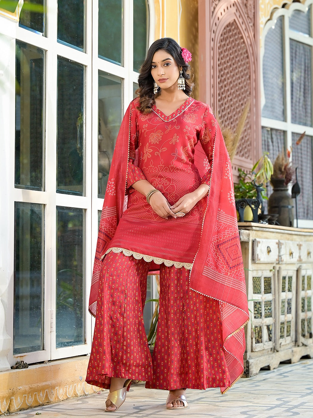 Red Bandhani print Kurta Palazzo with Dupatta Set-Yufta Store-1151SKDRDS