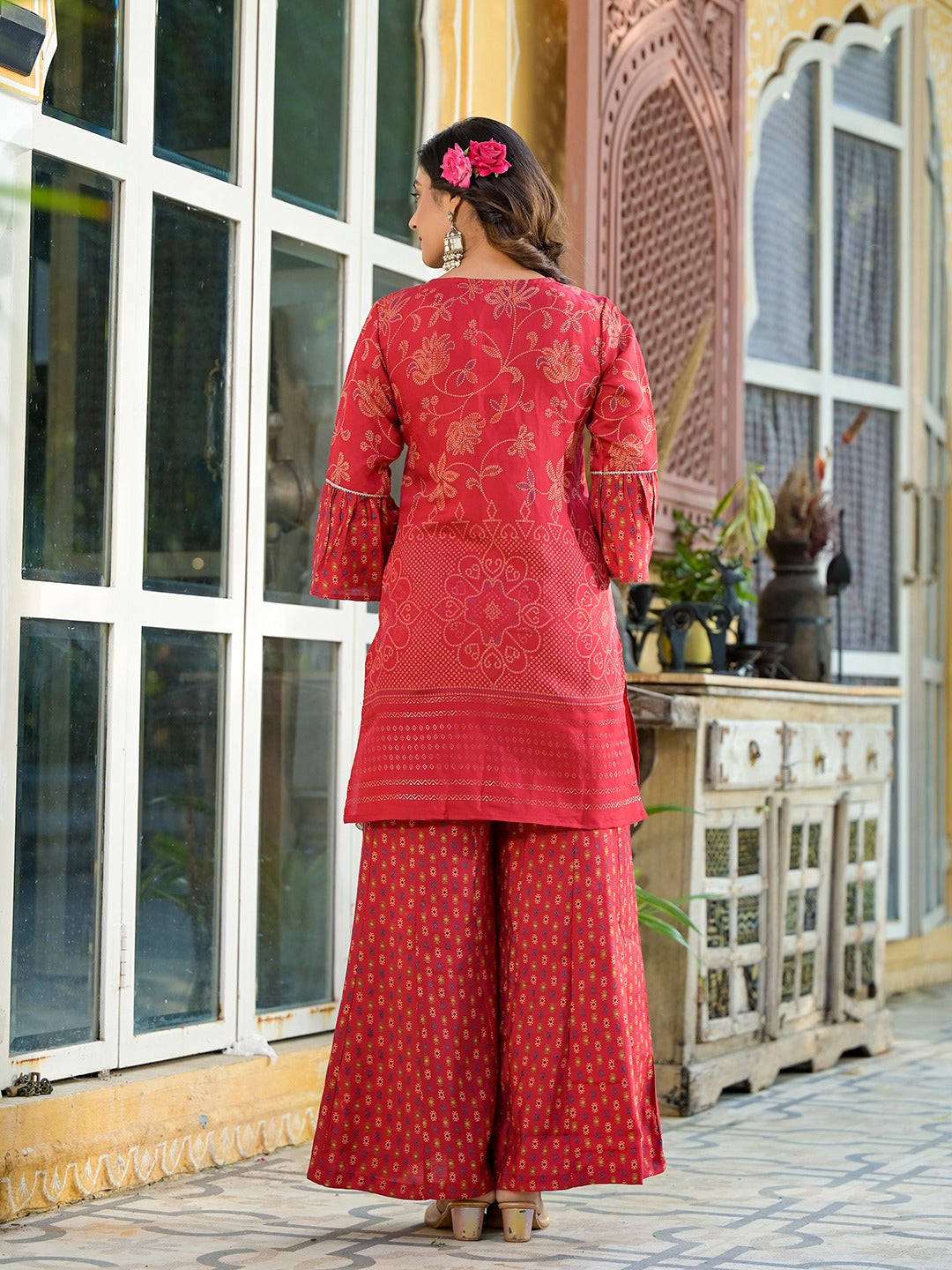 Red Bandhani print Kurta Palazzo with Dupatta Set-Yufta Store-1151SKDRDS