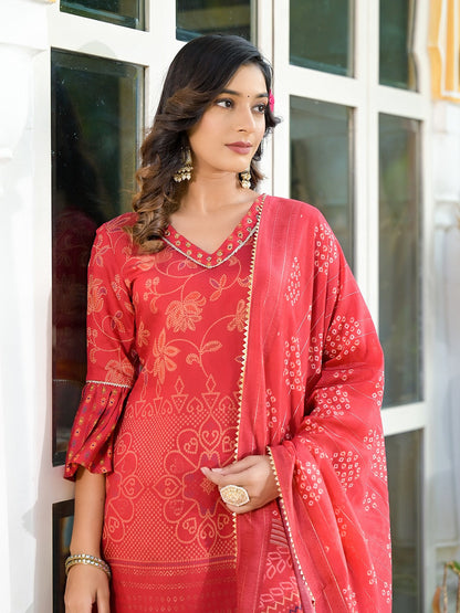 Red Bandhani print Kurta Palazzo with Dupatta Set-Yufta Store-1151SKDRDS