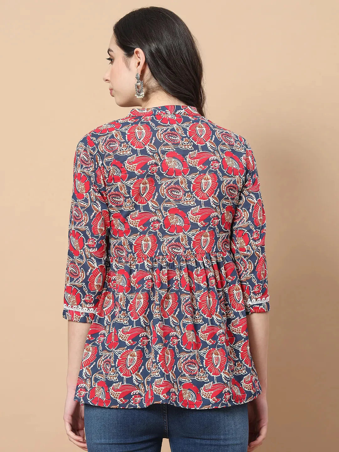 Red Cotton Floral Print Peplum Top With Lace Detailing-Yufta Store-1758TOPRDS