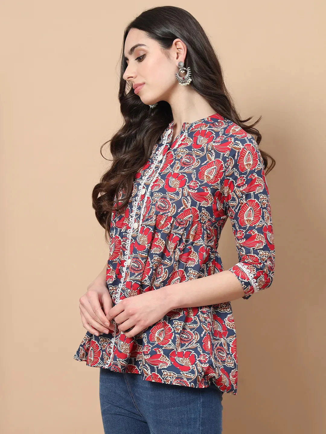 Red Cotton Floral Print Peplum Top With Lace Detailing-Yufta Store-1758TOPRDS