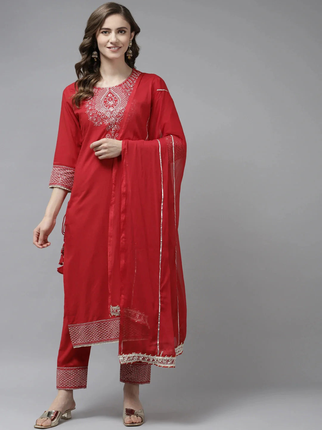 Red Ethnic Motifs Dupatta Set-Yufta Store-9876SKDRDS