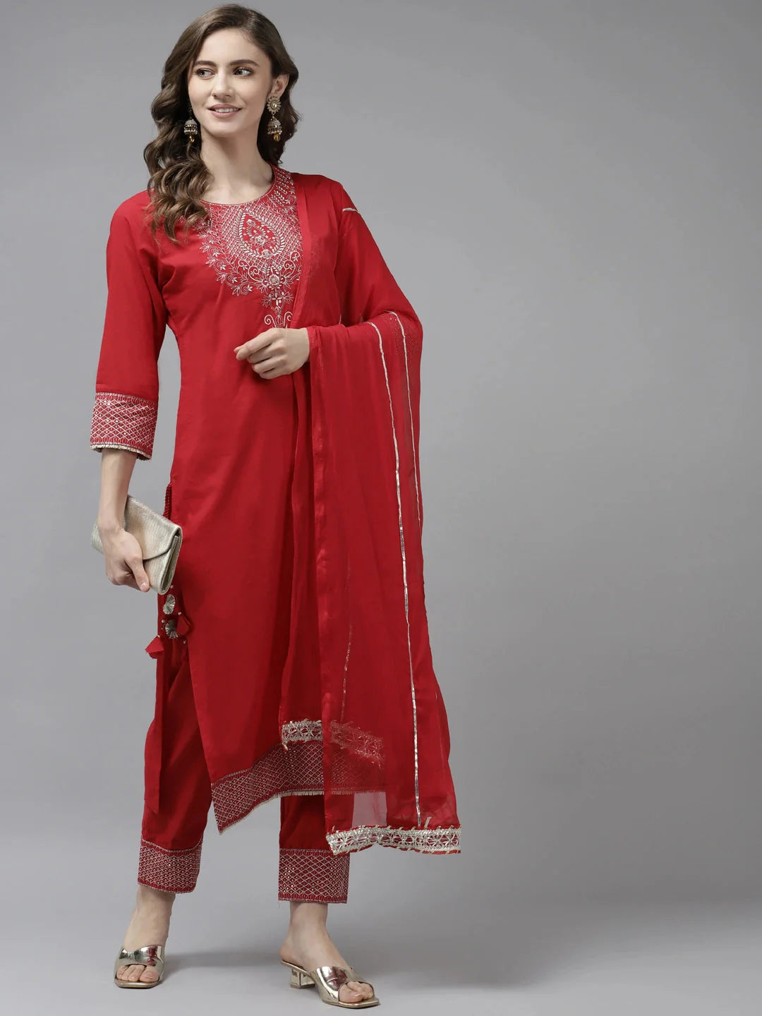 Red Ethnic Motifs Dupatta Set-Yufta Store-9876SKDRDS