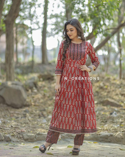 Red Kalamkari Kurti Pant Set Orchids Boutique