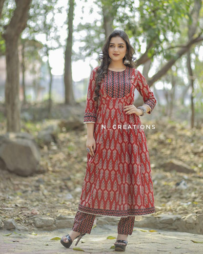 Red Kalamkari Kurti Pant Set Orchids Boutique