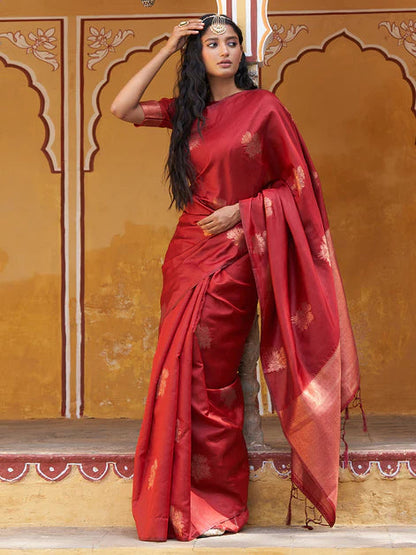 Red Kanjeevaram Silk Floral Motif Saree with Unstitched Blouse Piece Orchids Boutique