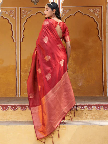 Red Kanjeevaram Silk Floral Motif Saree with Unstitched Blouse Piece Orchids Boutique