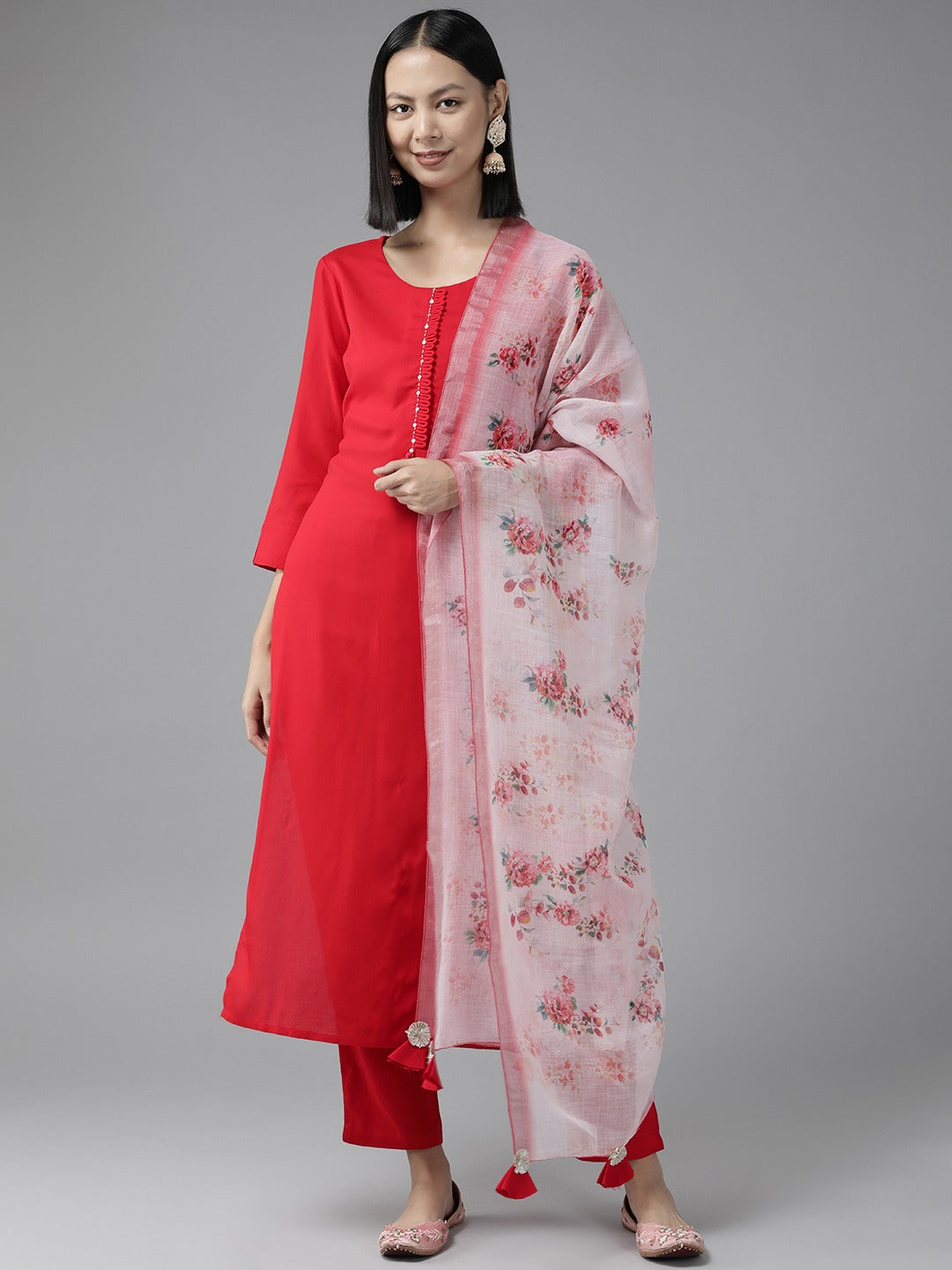 Red Kantha Work Dupatta Set-Yufta Store-9879SKDRDS