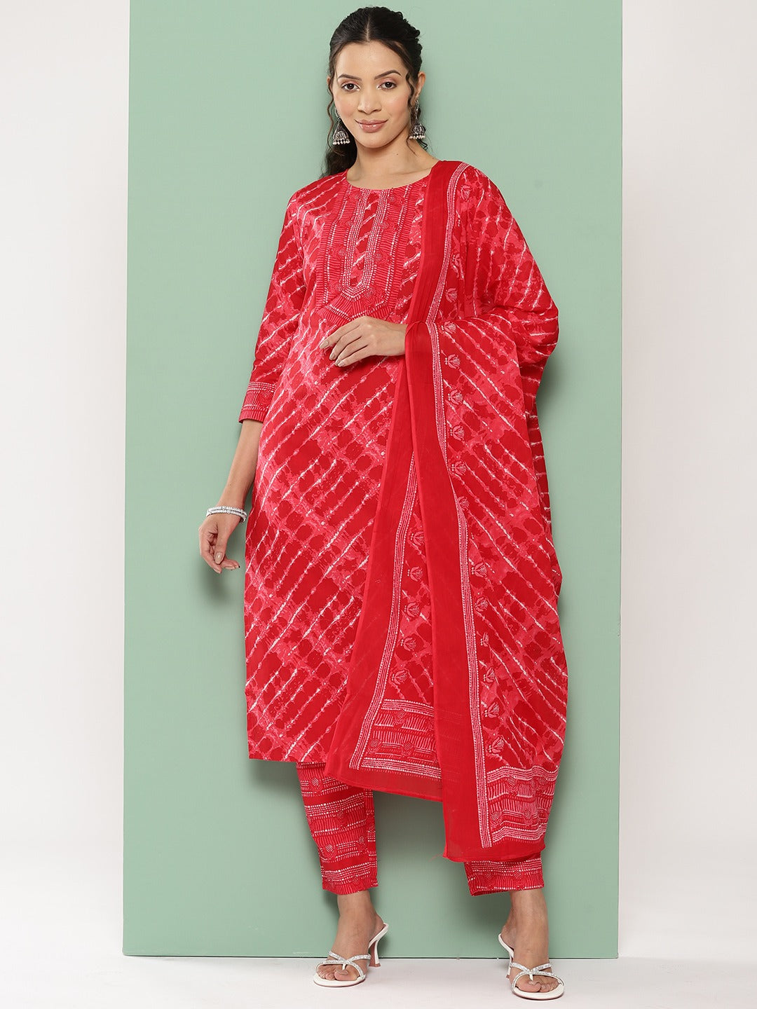 Red Leheriya Printed Dupatta Set-Yufta Store-9456SKDRDS