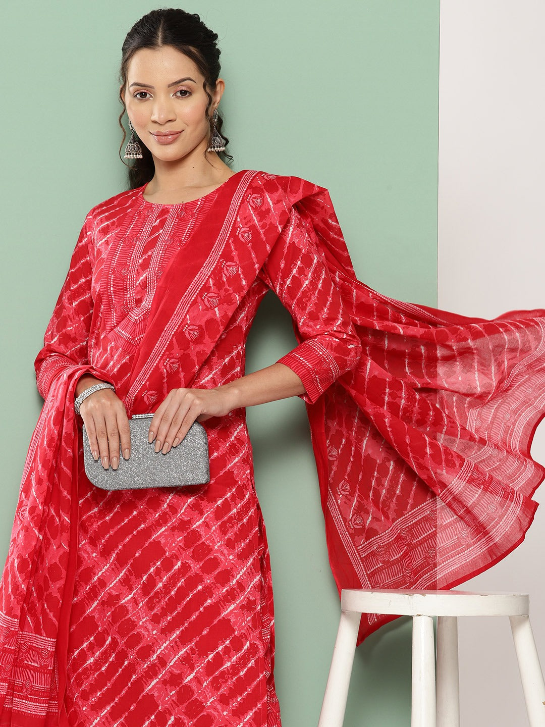 Red Leheriya Printed Dupatta Set-Yufta Store-9456SKDRDS