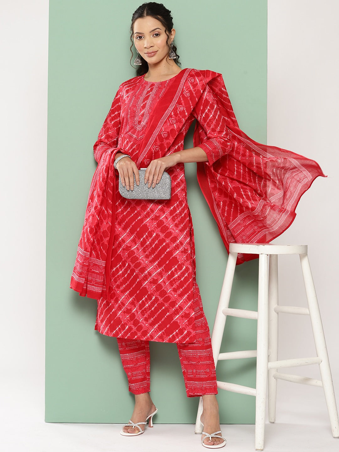 Red Leheriya Printed Dupatta Set-Yufta Store-9456SKDRDS