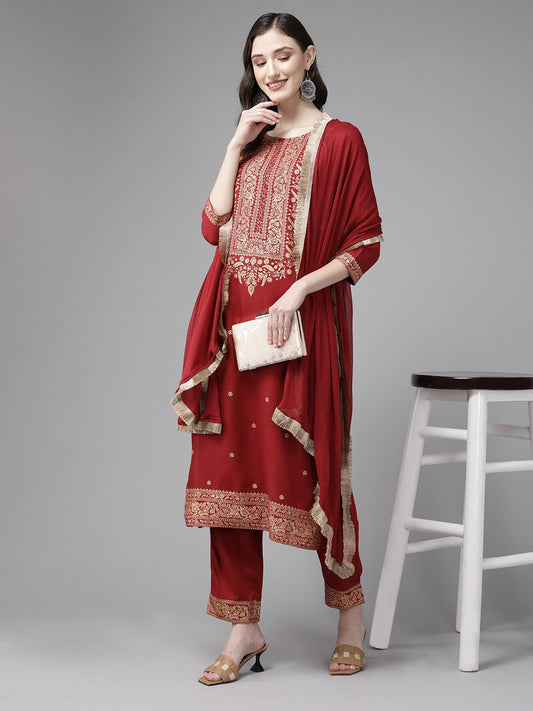 Red Printed Dupatta Set-Yufta Store-9865SKDRDS