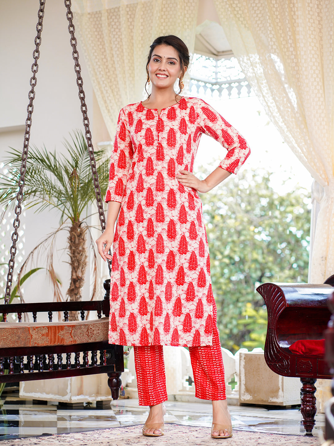 Red Pure cotton Straight Kurta Trouser And Suit Sets Set-Yufta Store-1640SKDRDS