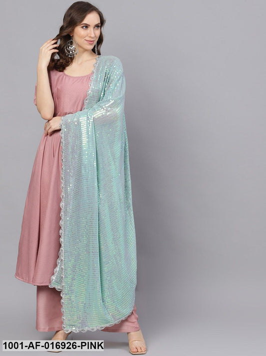 Rose Gold Chinon Silk Kurta With Palazzo & Sequence Dupatta Orchids Boutique