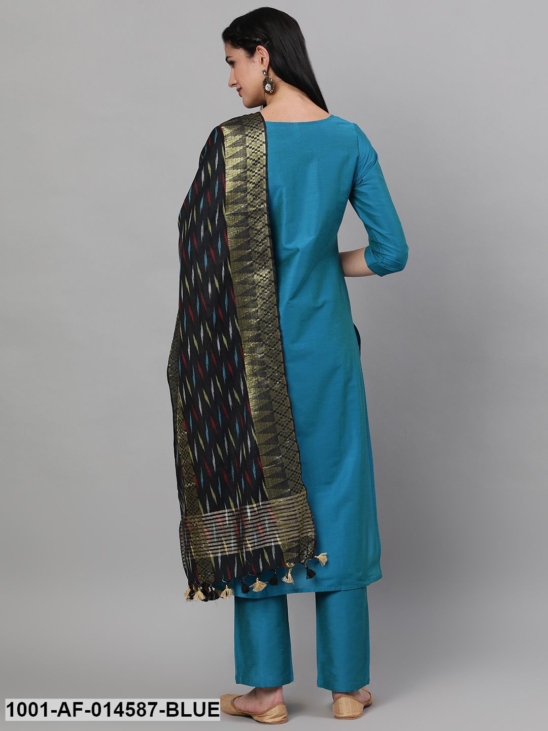 Royal Blue Solid Kurta Set With Ikat Woven Dupatta Orchids Boutique